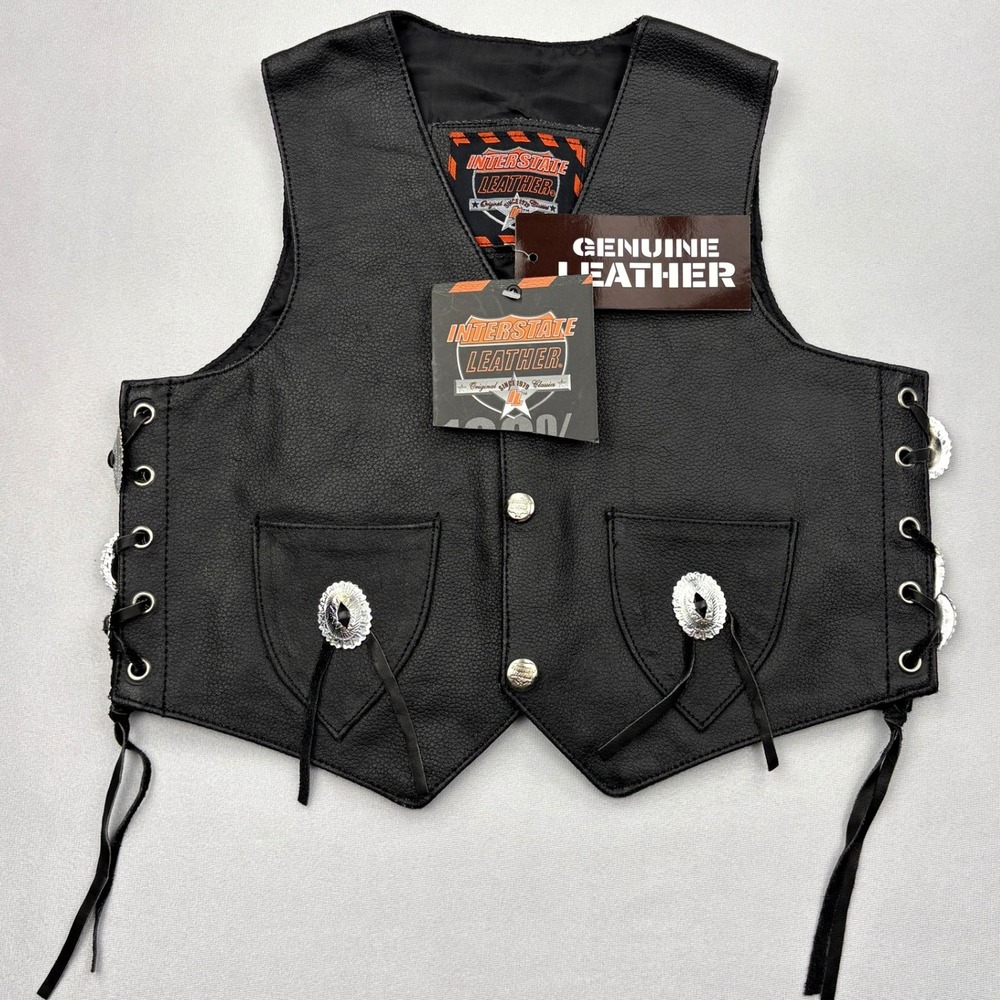 Interstate Leather Vest Womens XS Black Concho Lace Up Biker Moto NWT Tagged XL